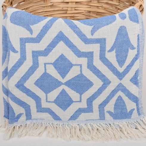 トルコ・バスタオル・ペシュテマル・リリー柄・ブルー