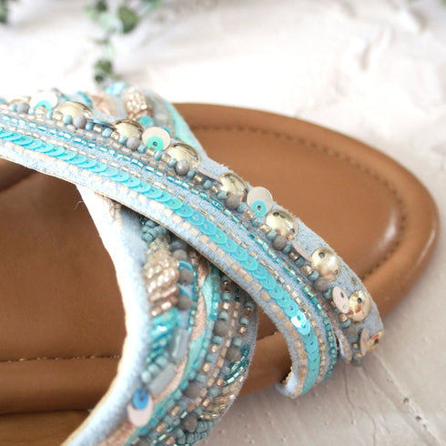 【手刺繡の煌めくサンダル】サンダル・ブルーコーラル