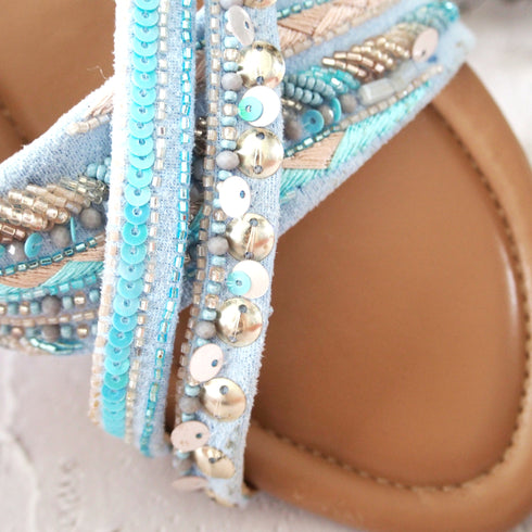 【手刺繡の煌めくサンダル】サンダル・ブルーコーラル