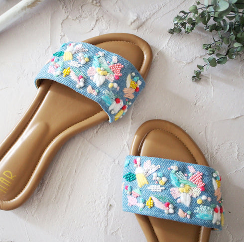 【手刺繡の煌めくサンダル】サンダル・デニムジャズ