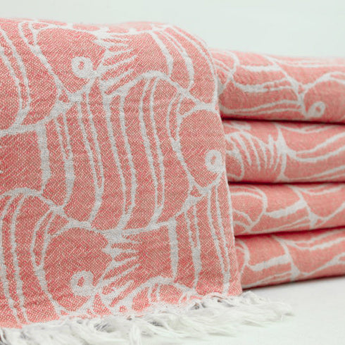 トルコ・フェイスタオル・ペシュテマル・フィッシュ柄・オレンジ柄