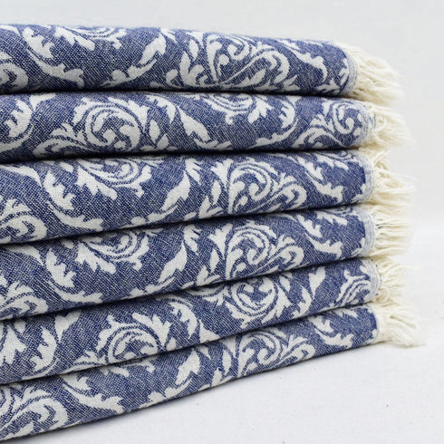 トルコ・タオル・ペシュテマル・ボタニカル柄・ネイビー