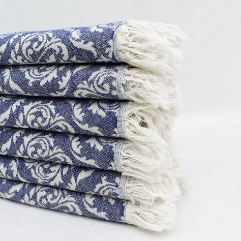 トルコ・タオル・ペシュテマル・ボタニカル柄・ネイビー