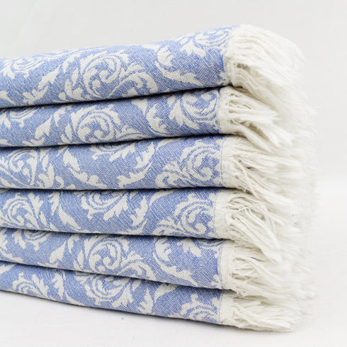 トルコ・フェイスタオル・ボタニカル柄・アッシュブルー